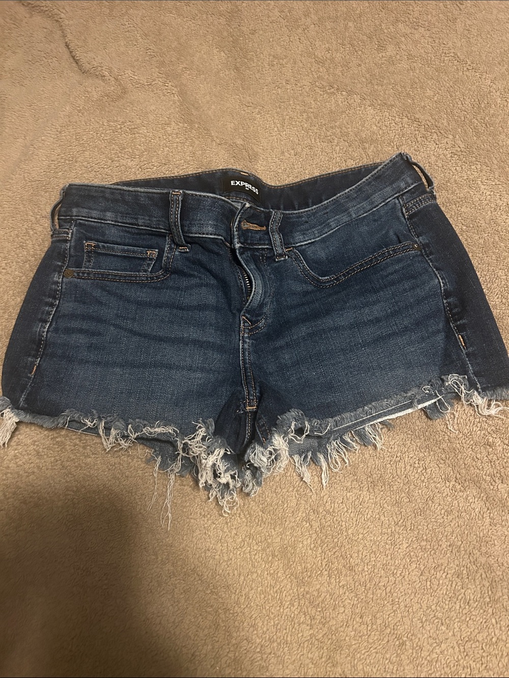 Express Dark Blue Denim Frayed Hem Jean Shorts